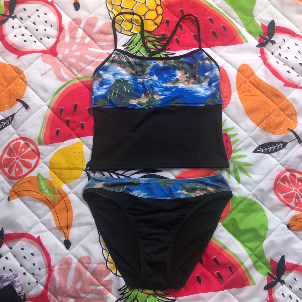 Vintage 90s Black and blue tropical Hawaiian cruise island print bikini set